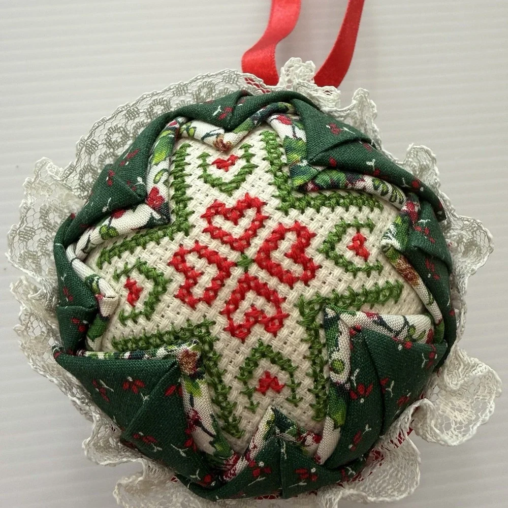 Vintage Handmade Quilted Cross Stitch Ball Christmas Ornament Fabric Folk Art